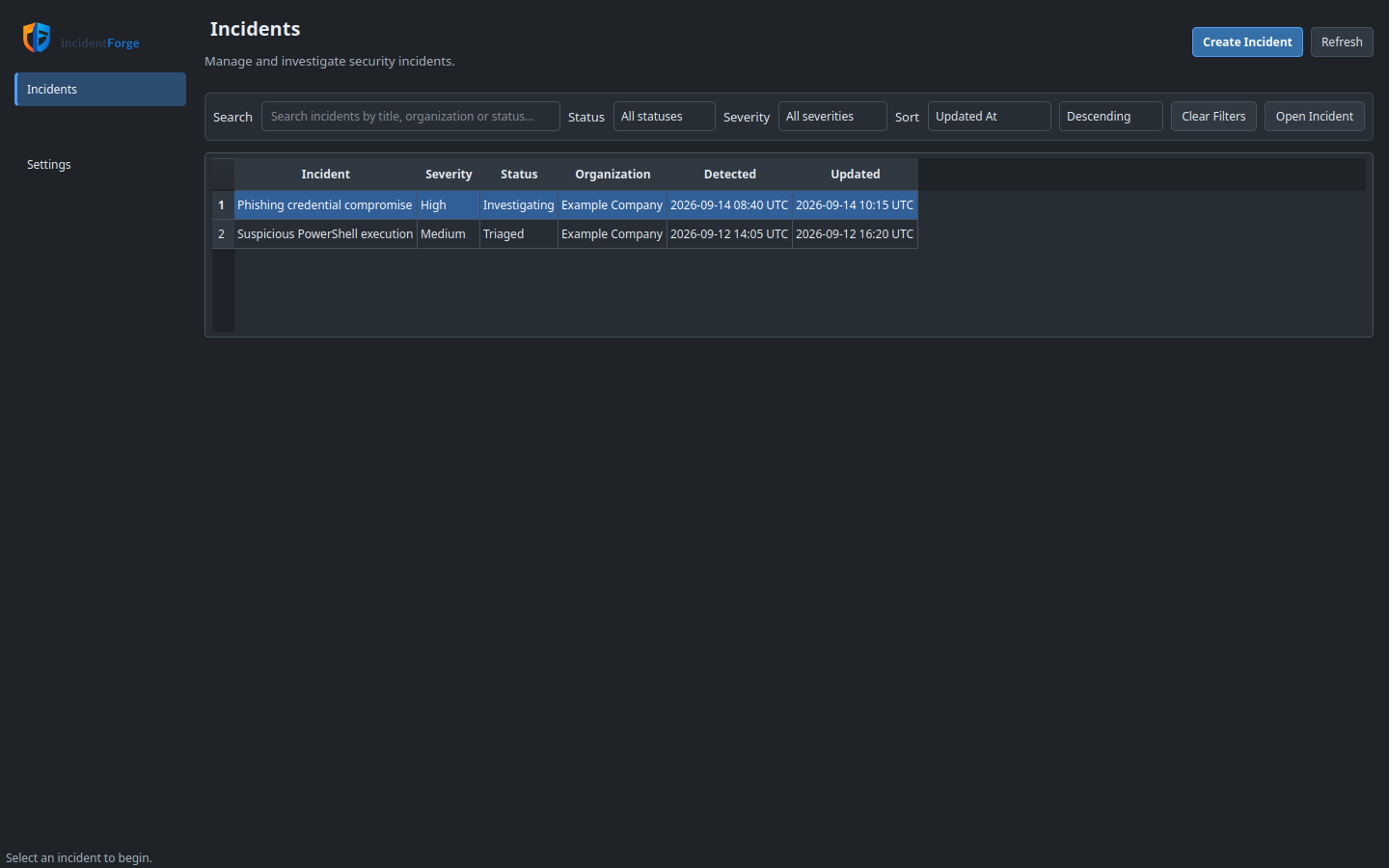 IncidentForge incident list with search, status, severity and sort controls and a selected training incident