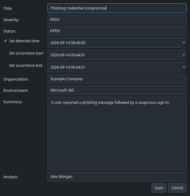 Create Incident form with title, severity, status, detected time, organization, environment, summary and analyst fields