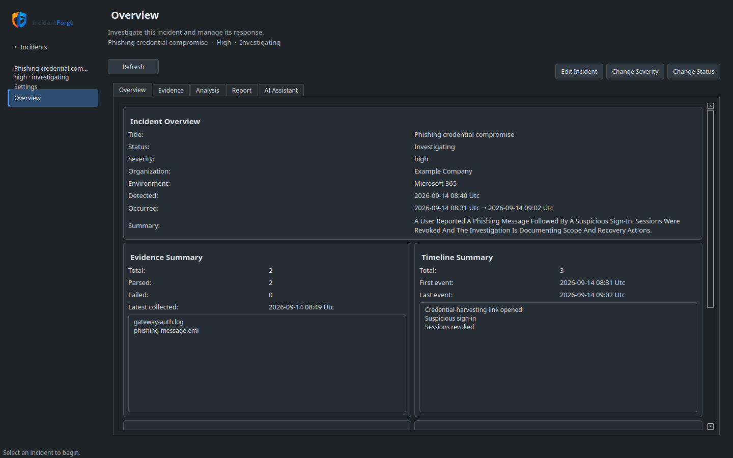 Incident workspace Overview showing severity, status, organization, environment and workflow tabs