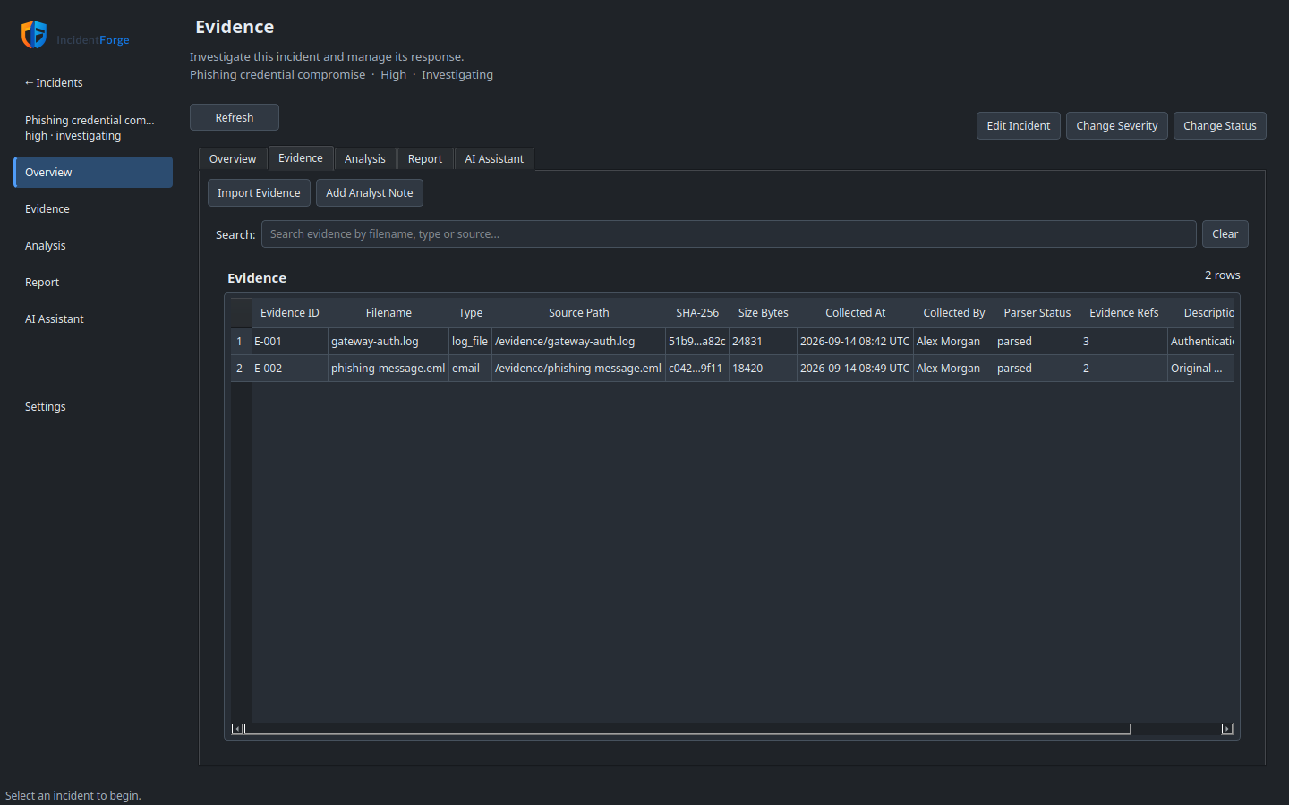 Evidence Registry with imported log and email evidence, parser state, source, size and hash columns