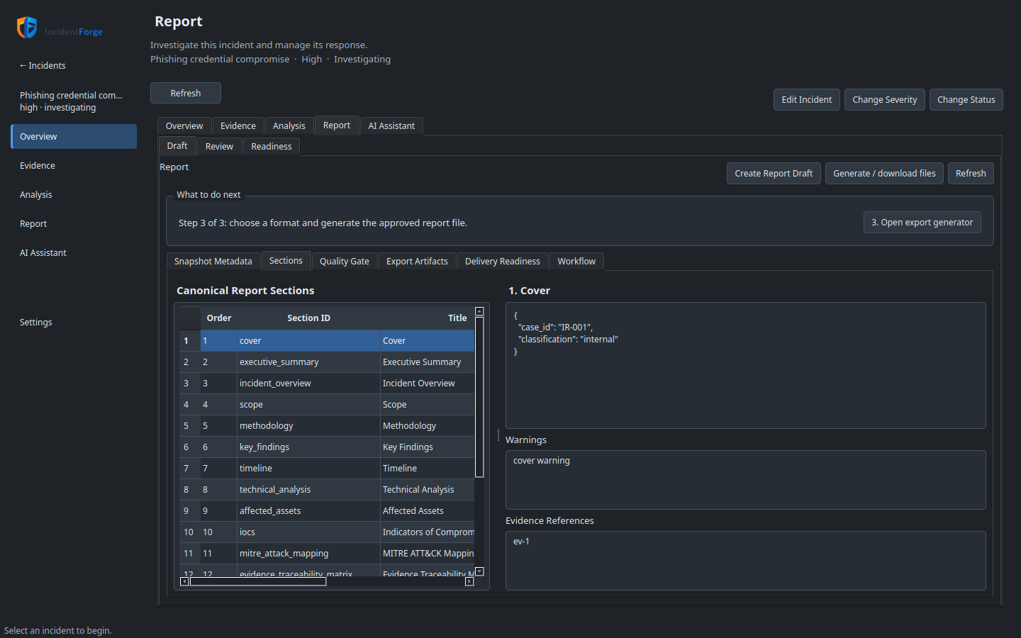 Approved incident report workspace showing report sections and the Generate or download files action